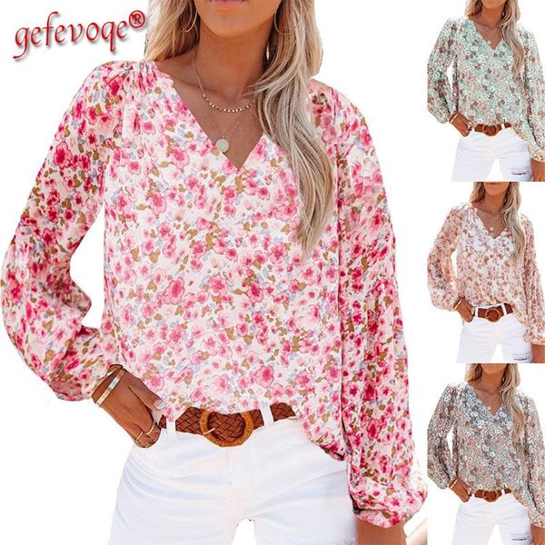 

women's blouses & shirts 2021 v-neck lantern sleeve floral print fashion women oversized chiffon blouse female clothing chemise femme, White