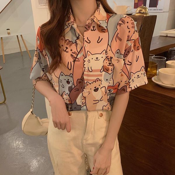 

women's blouses & shirts vsue women summer pink casual loose chiffon cartoon print shirt short sleeve single breasted cute b3075, White
