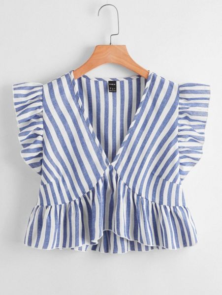 

striped ruffle armhole asymmetrical peplum u35s#, White