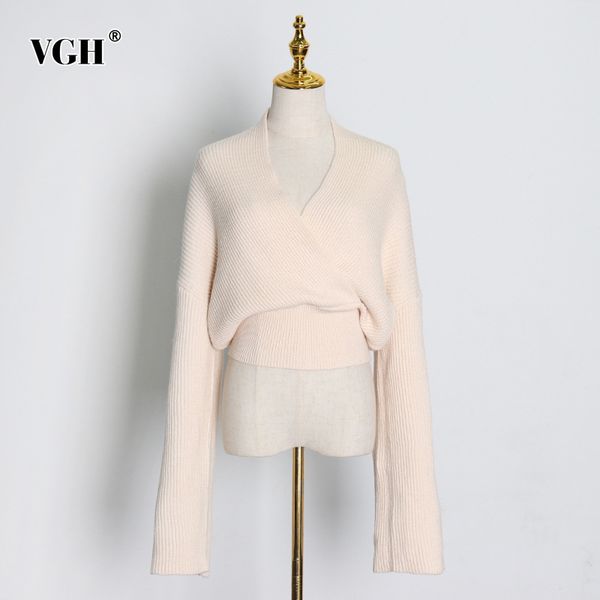 

vgh minimalist korean sweater for women v neck long sleeve tunic elegant solid knitted pullovers female fashion new clothing 210421, White;black
