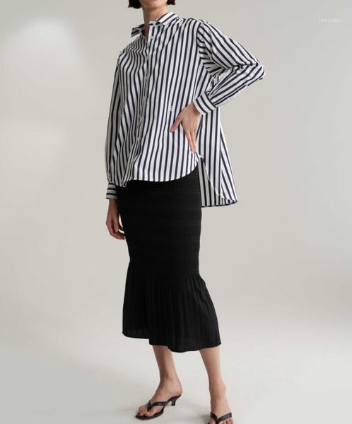 

white black wide striped capri shirt classic cotton poplin button-up collar embroidered curved hem oversized blouse women's blo blouses