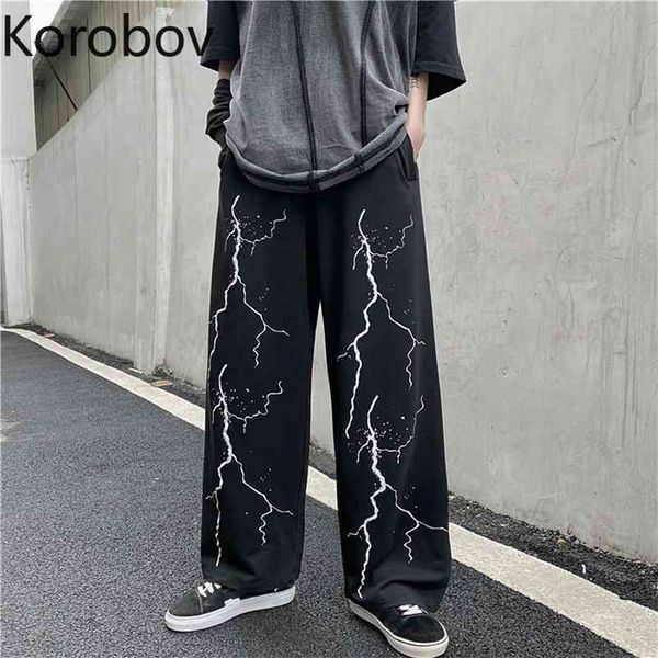 Korobov coreano streetwear illuminazione stampa harajuku pantaloni da donna vintage nero a vita alta pantaloni a gamba larga pantaloni da jogging 210430