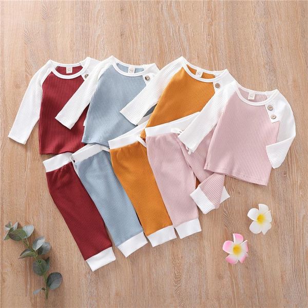 

clothing sets autumn winter casual baby girls boys clothes 2pcs solid long sleeve cotton knit patchwork pants 4 colors 0-24m, White