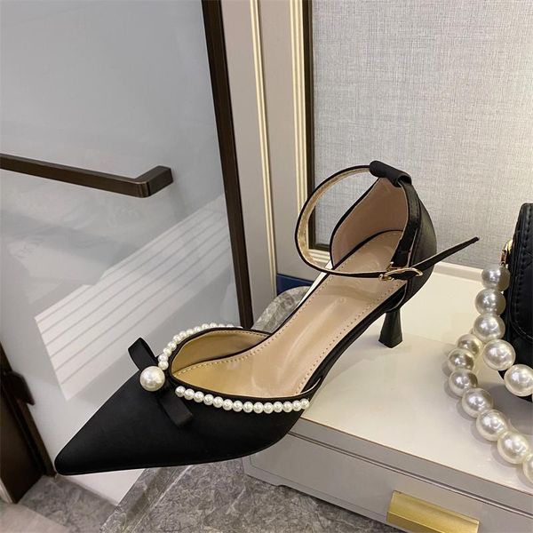

sandals ladies silk bowknot white pealrs ankle strap low high-heeled single buckle pointed toe pumps women dress party shoes, Black