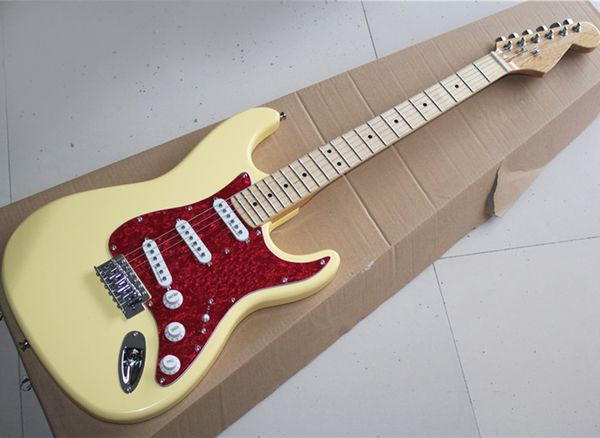 

factory outlet-6 strings yellow electric guitar with red pearled pickguard,maple fretboard and 22 frets,high cost performance