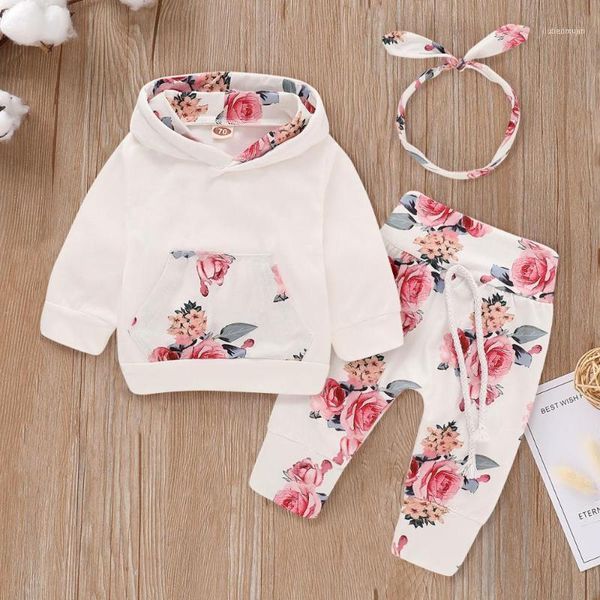 

patpat 2021 sale spring and autumn beautiful floral long-sleeve hoodie pants headband set baby toddler girl clothes1, White