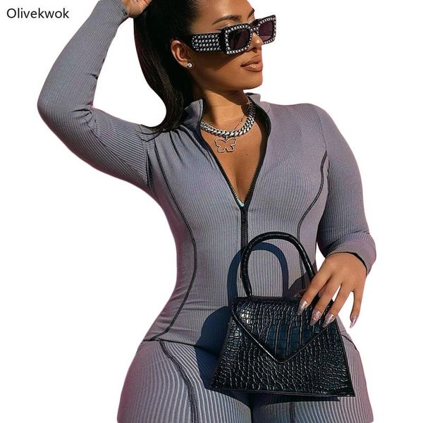 

women's jumpsuits & rompers olivekwok spring knitted jumpsuit stand collar zipper long sleeve stretch casual fitness sporting slim body, Black;white