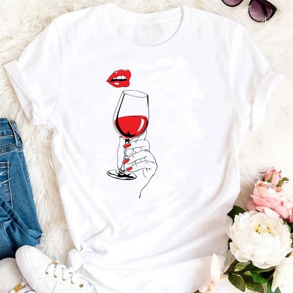 

women's t-shirt lady print female tee women summer short sleeve happy time cute clothes wine tshirts cartoon fashion graphic t top, White