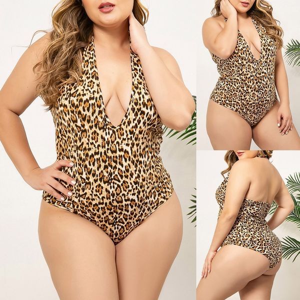 

fashion leopard print hanging neck backls ps size fun one-piece, Black;white