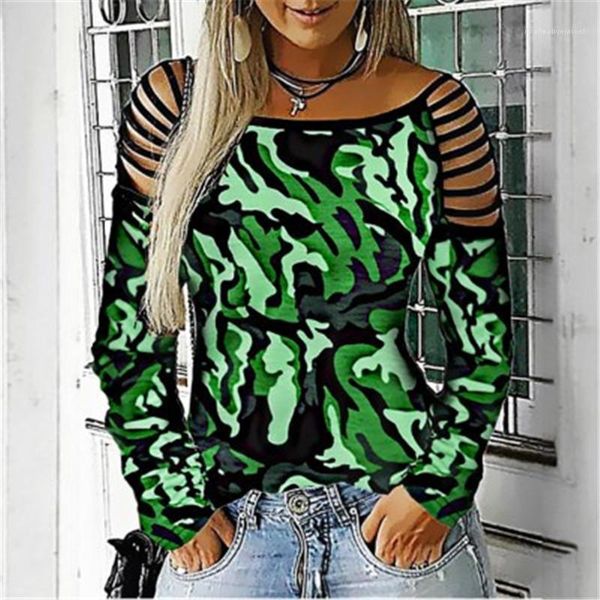 

women's t-shirt neck camouflage print tee designer female casual loose tshirts ladies strapless bandage t-shirts fashion trend long sl, White