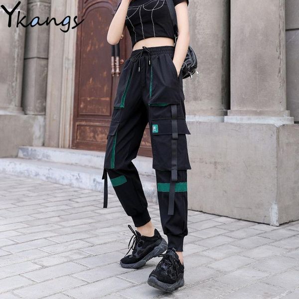 

women's pants & capris plus size hip hop big multi-pocket cargo for women trousers elastic high waist sweatpants harajuku black harem l, Black;white