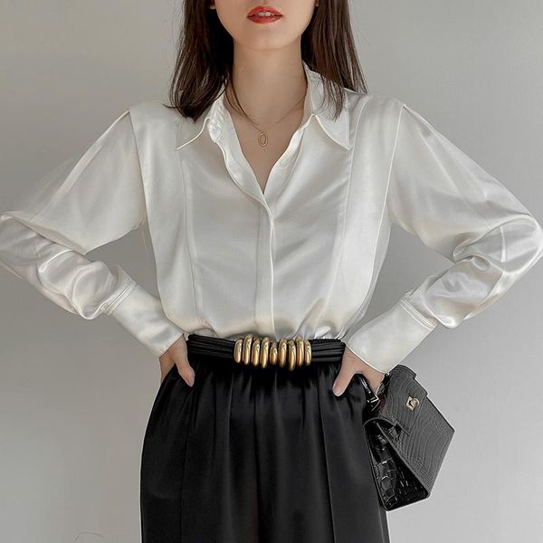 

women's blouses & shirts [ewq] korea chic autumn casual trend women solid color lapel single-breasted fashion simple long-sleeved shirt, White