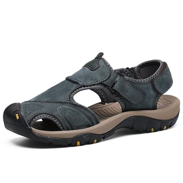 

sandals men genuine split leather beach roman brand casual shoes flip flops slippers sneakers summer, Black