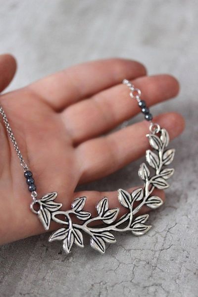 

pendant necklaces large branch necklace with hematite beads boho layering leaves simple everyday nature inspired, Silver