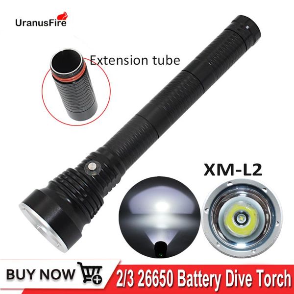 

scuba diving waterproof ip68 dive torch light powered by 2/3 26650 18650 battery xm l2 flashlights torches