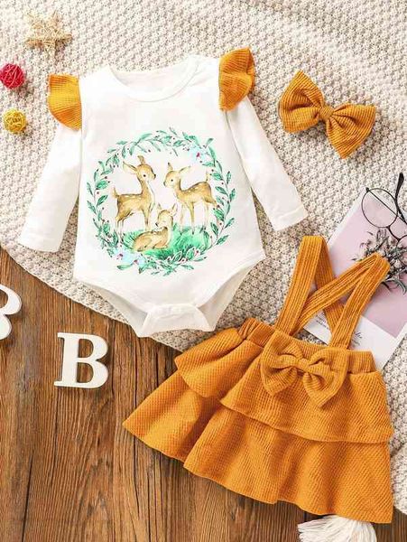 

baby deer print ruffle trim bodysuit & bow pinafore skirt & headband she, White