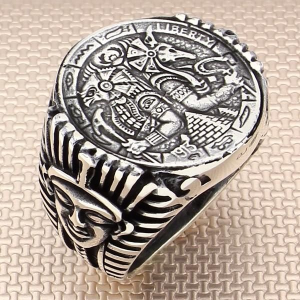 

tutankhamun ancient egypt silver ring men made in turkey solid 925 sterling cluster rings, Golden;silver