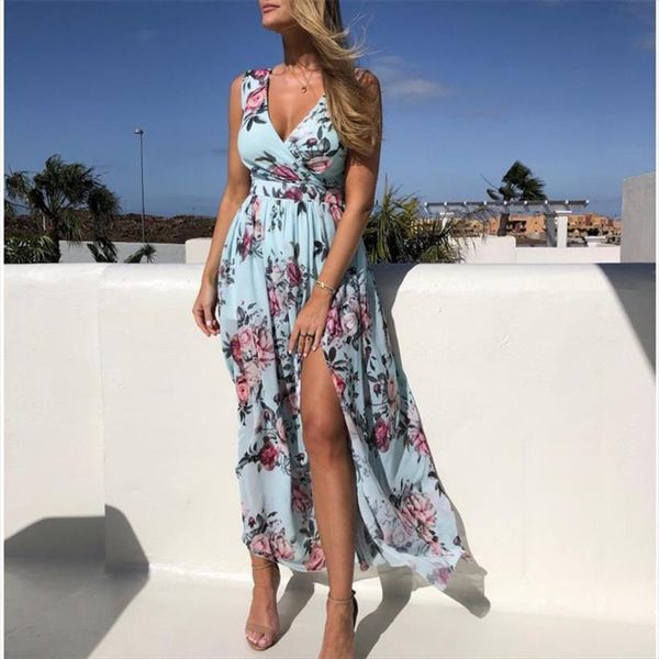 

sleeveless floral long summer women dresses boho v neck sundress beach high waist flowers slit, Black;gray