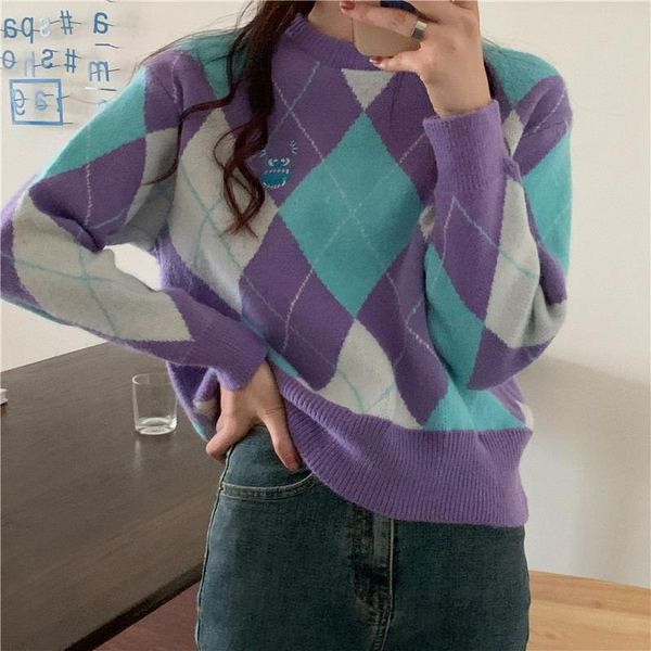 

spring 2021 long-sleeved women's knit sweater round neck diamond plaid pullover plus size blouse loose women sweaters, White;black