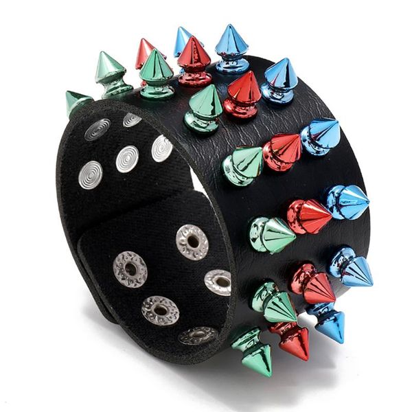 

charm bracelets unique three row multicolor cuspidal cuff wristband rivet large faux leather punk bracelet bangle jewelry accessories, Golden;silver