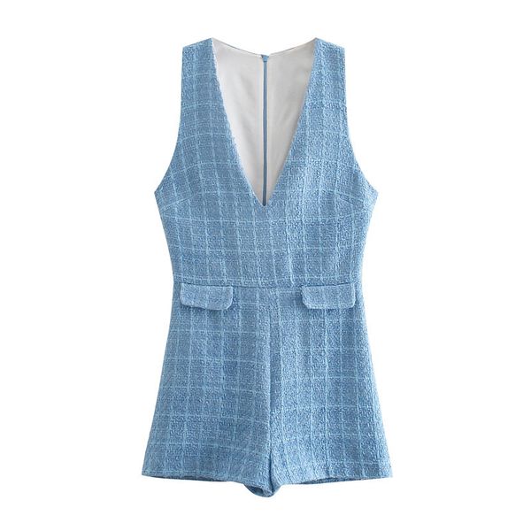 Moda Tatlı Cepler Tweed Playsuits Kadın V Yaka Kolsuz Geri Fermuar Kadın Kısa Tulumlar Mujer 210430