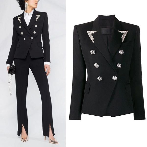 

women's jackets diamond inlaid suit collar double breasted small coat women s long sleeve waist closing versatile solid color, Black;brown