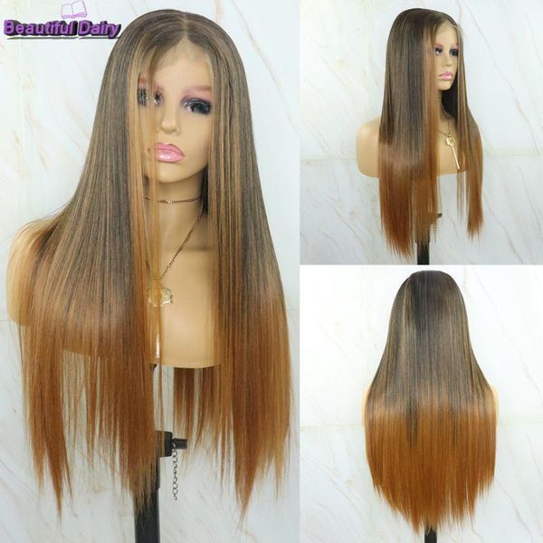 

beautiful diary13x6 black ombre blonde high temperature fiber long straight hair wigs synthetic lace front wig for women1