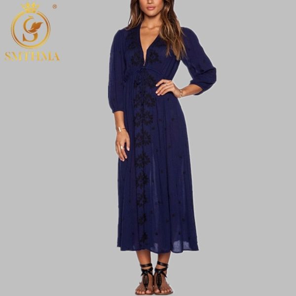

women vintage spring flower embroidered cotton linen tunic casual long dress hippie boho people v-neck split 210520, Black;gray