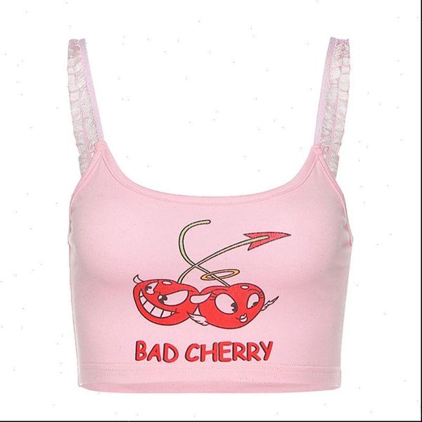 

women cami summer spaghetti strap ruffles crop pink cartoon bad cherry print camisole cute backless slim sling vest, White