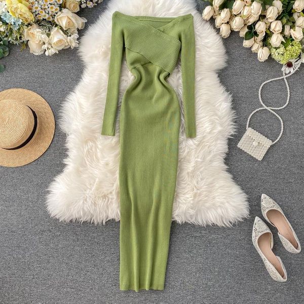 

avocado green autumn knit sweater midi dress long bodycon party winter women casual elegant vestidos nw137 dresses, Black;gray