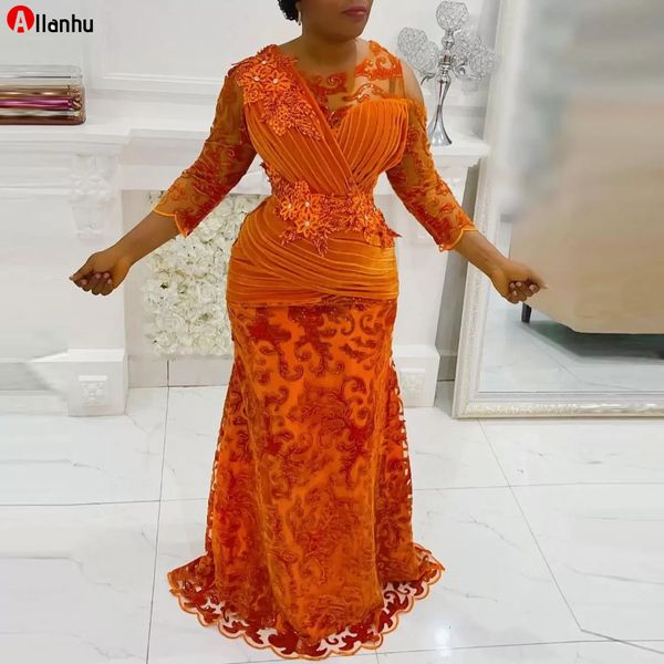 2022 Afrikanische Orange 3/4 lange Ärmel Abendkleider mit Spitzenapplikationen transparenter Ausschnitt Meerjungfrau-Abschlussballkleid Aso Ebi Kleider für die Brautmutter 5s4