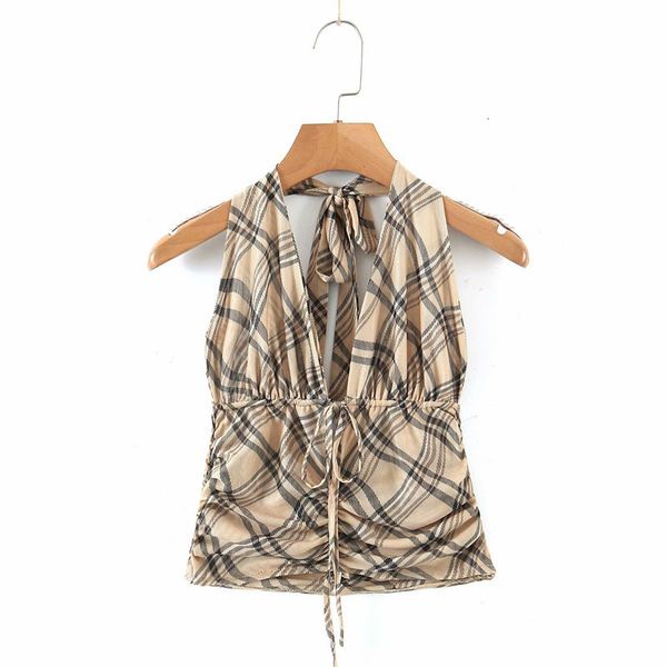 

women's knits & tees women v neck bow blouse 2021 summer fashion ladies high street shirt female checked halterneck short sli, White