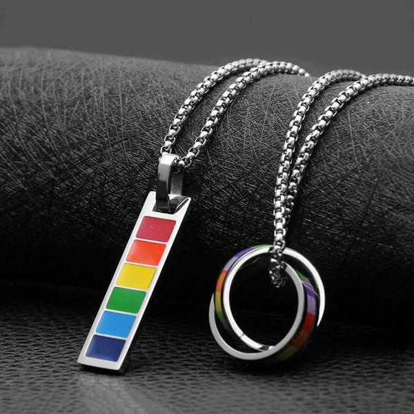 

pendant necklaces cute colorful rainbow rectangle round circle stainless steel necklace chain jewelry sweetheart for women man girl gifts, Silver