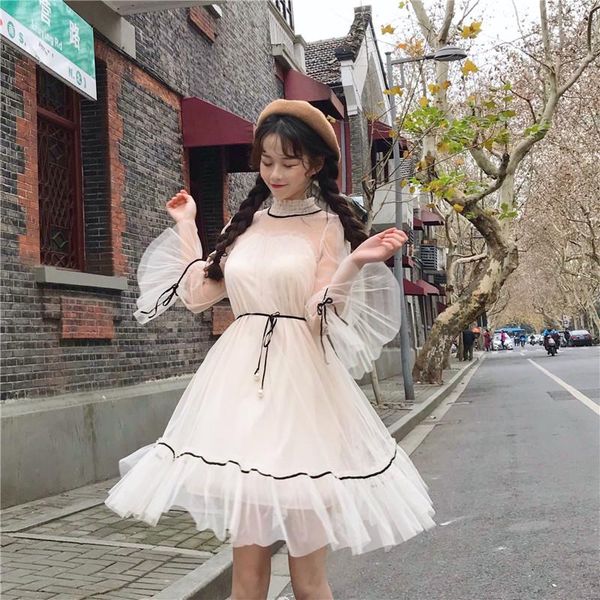 

casual dresses 2021 spring dress korean fashion clothing college style retro temperament gentle mesh streetwear kawaii, Black;gray