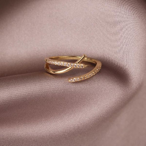 

cluster rings korean fashion jewelry exquisite copper inlaid zircon irregular cross ring elegant women wedding prom opening adjustable, Golden;silver