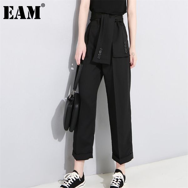 

[eam] spring high waist lace up black slim temperament trend fashion women's wild casual wide leg pants la2 211105, Black;white