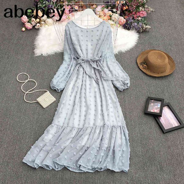 

summer women temperament all-match o-neck long sleeve dress waist slim ruffles big skirt 210512, Black;gray