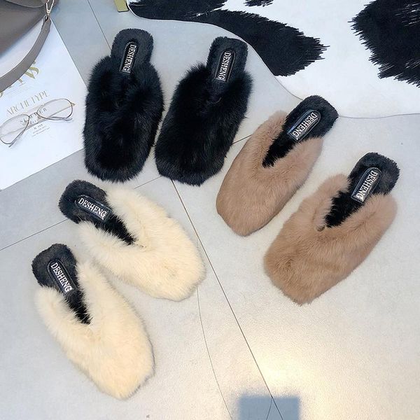 

slippers fur woman outwear closed toe mules shoes hair casual solid flats plush winter slides femme brief flip flops 2021, Black