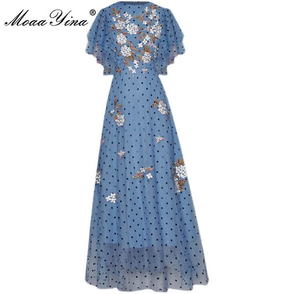 Fashion Runway Summer Elegant Mesh Dress Women Blue Butterfly Sleeve pois Ricamo Vintage Party Long 210524