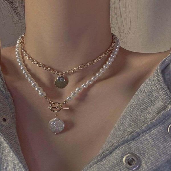 

fashion baroque pearl necklace toggle clasp necklaces for women vintage punk multi-layer sweater couple female jewelry pendant, Silver