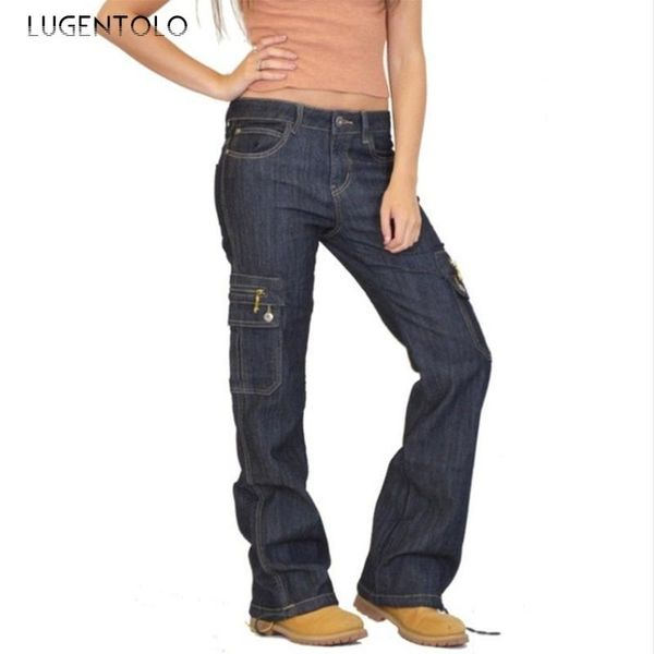 

women's jeans lugentolo plus size woman pockets low waist solid summer fashion button full length medium streetwear, Blue