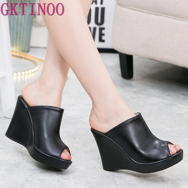 

brand sandals summer slippers women shoes 2021 soft real leather comfort wedge high heel, Black