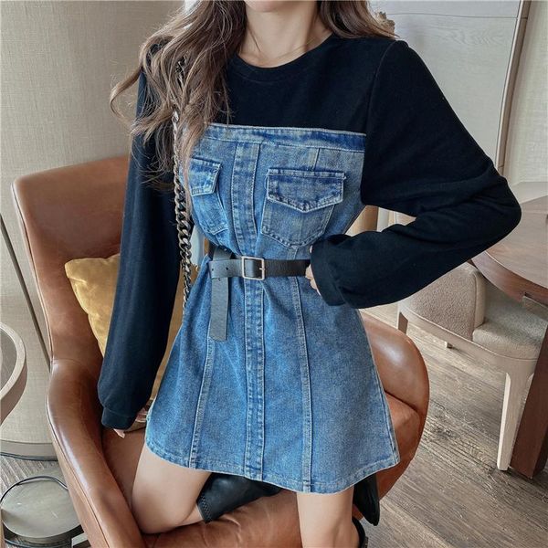 

casual dresses chic women hoodies denim dress 2021 fashion long sleeve cotton sweatshirt patchwork mini jeans with belt, Black;gray