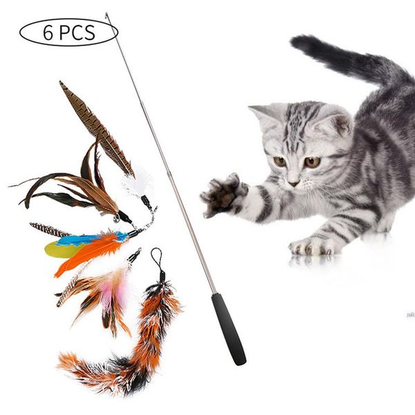 

cat toys 6pcs/set toy stick feather wand with rod and 5 pcs replacement head funny pet accessories