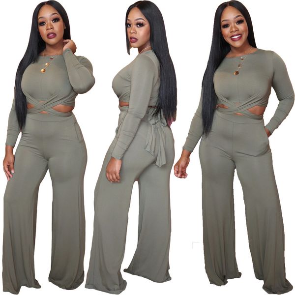 

fall winter women solid two pieces pantsuits criss crossed lace up sleeves o neck t shirt and long pants tees casual outfits e, White