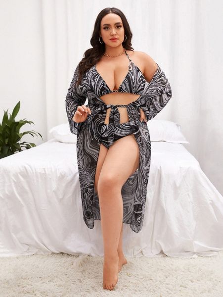 

3pack plus zebra stripe halter bikini swimsuit & kimono c7f7#, Black