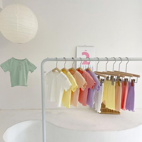 

clothing sets 2021 summer pajamas toddler bay girl cotton solid short sleeve + kid stripe soft shorts pant 2pcs clothes set, White
