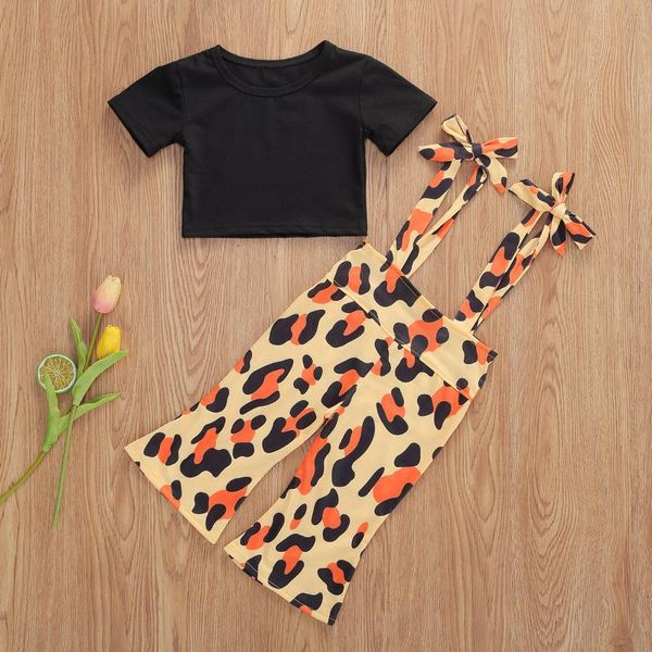 

clothing sets baby & children's 1-6y summer infant girls clothes short sleeve black t shirts +leopard print overalls pants, White