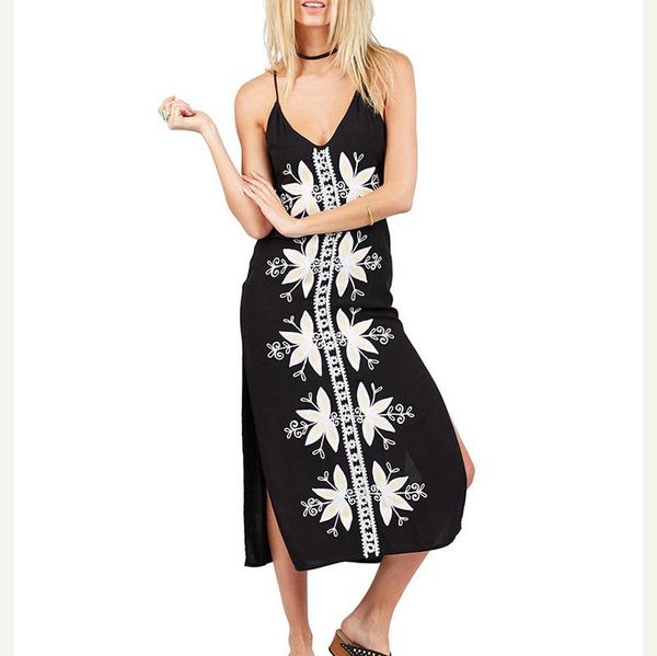 

boho embroidered straped long dress women v-neck sleeveless black rayon dresses summer casual beach hippie split holiday, Black;gray