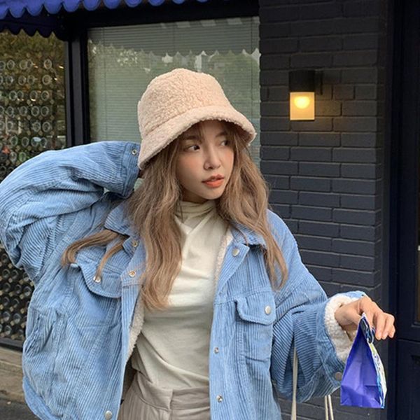 

wide brim hats wool hat female winter wild student fisherman lamb plush basin fashion personality sweet cute plus velvet warm, Blue;gray